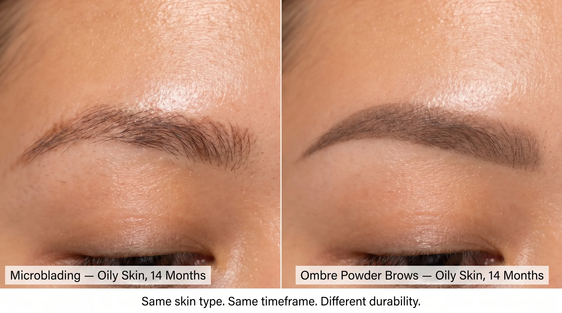 Microblading versus ombre powder brow comparison on oily skin at fourteen months, showing blurred hairstrokes versus retained powder fill