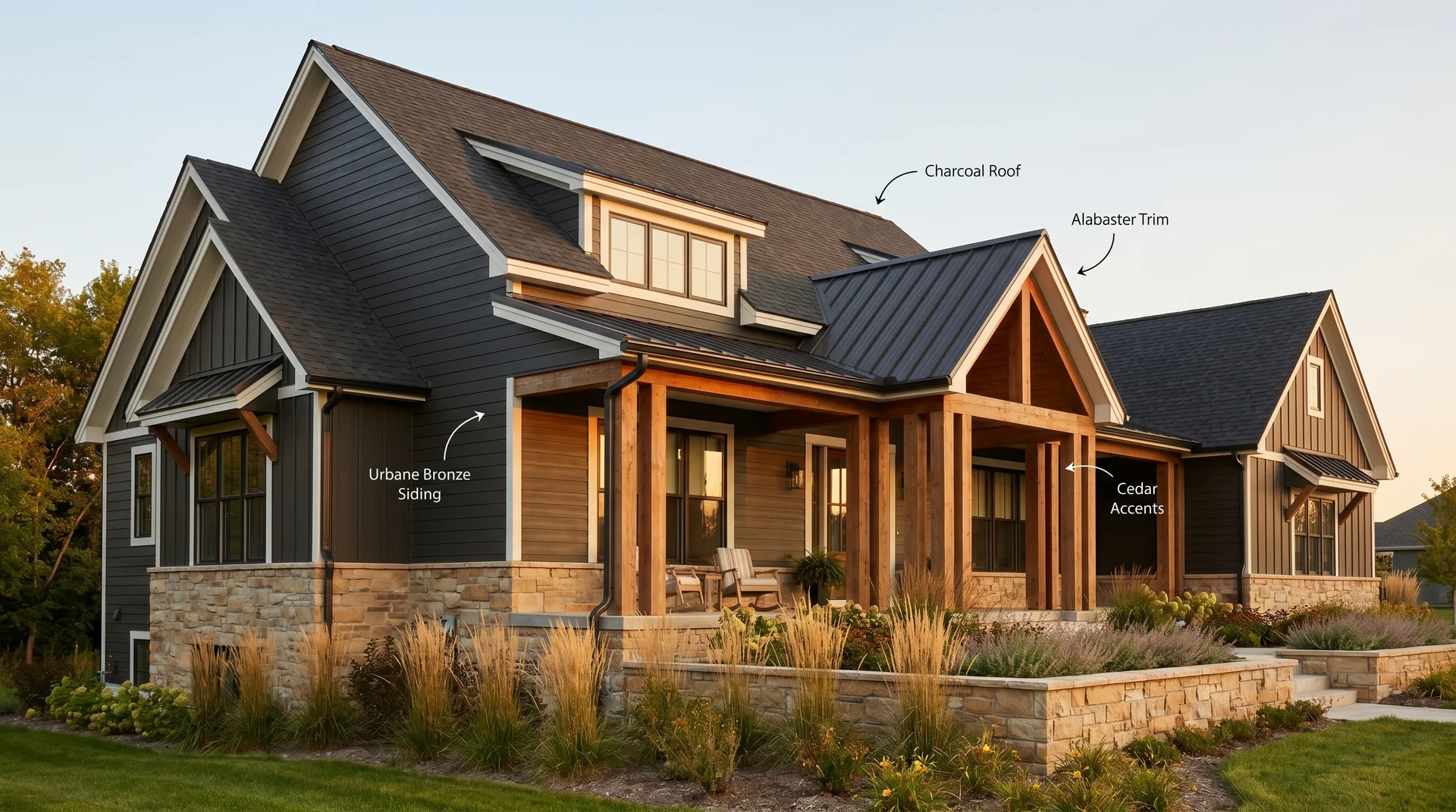Modern farmhouse exterior painted Sherwin-Williams Urbane Bronze