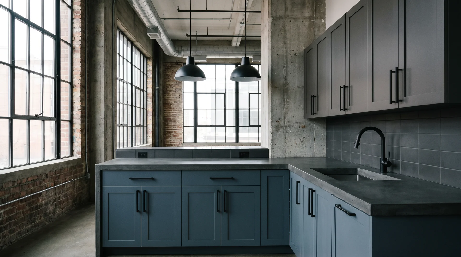 Moody industrial two tone kitchen with Rainstorm slate blue lower cabinets, Dovetail gray uppers, and matte black hardware
