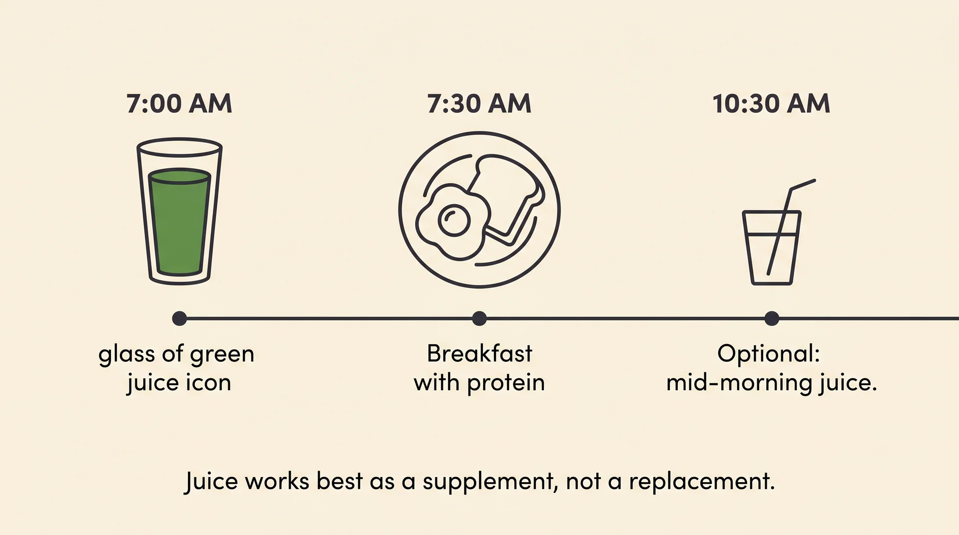 Morning routine diagram showing juice as a supplement added before or between meals, not as a meal replacement