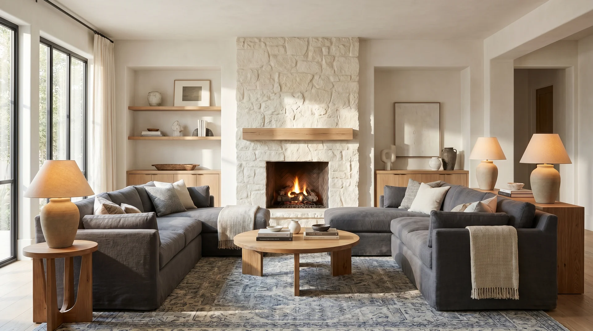 Neutral off-white living room with gray sectional and stone fireplace