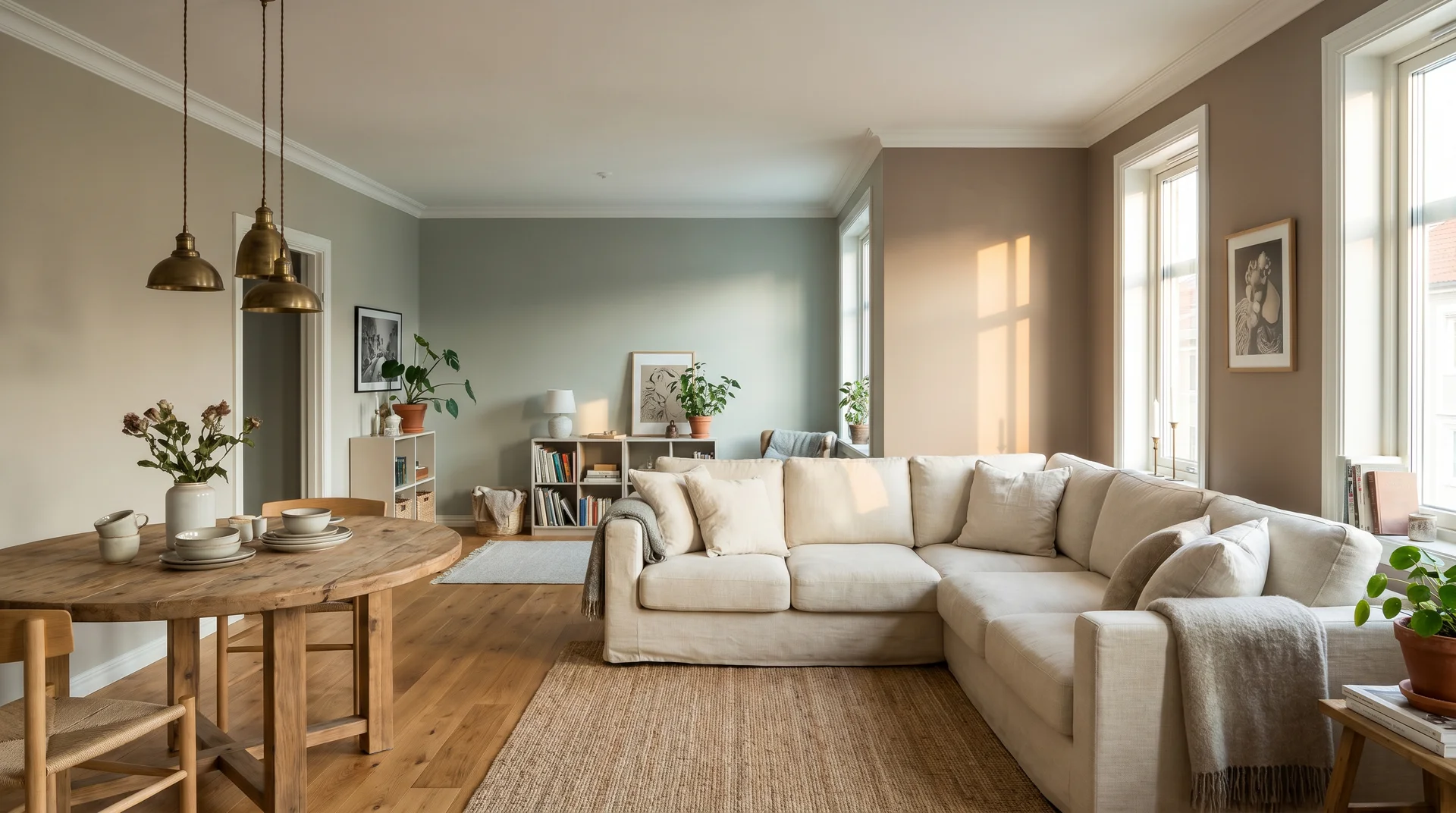 Open-plan living and dining room with Revere Pewter walls showing warm taupe in direct light and cooler tone in shaded areas
