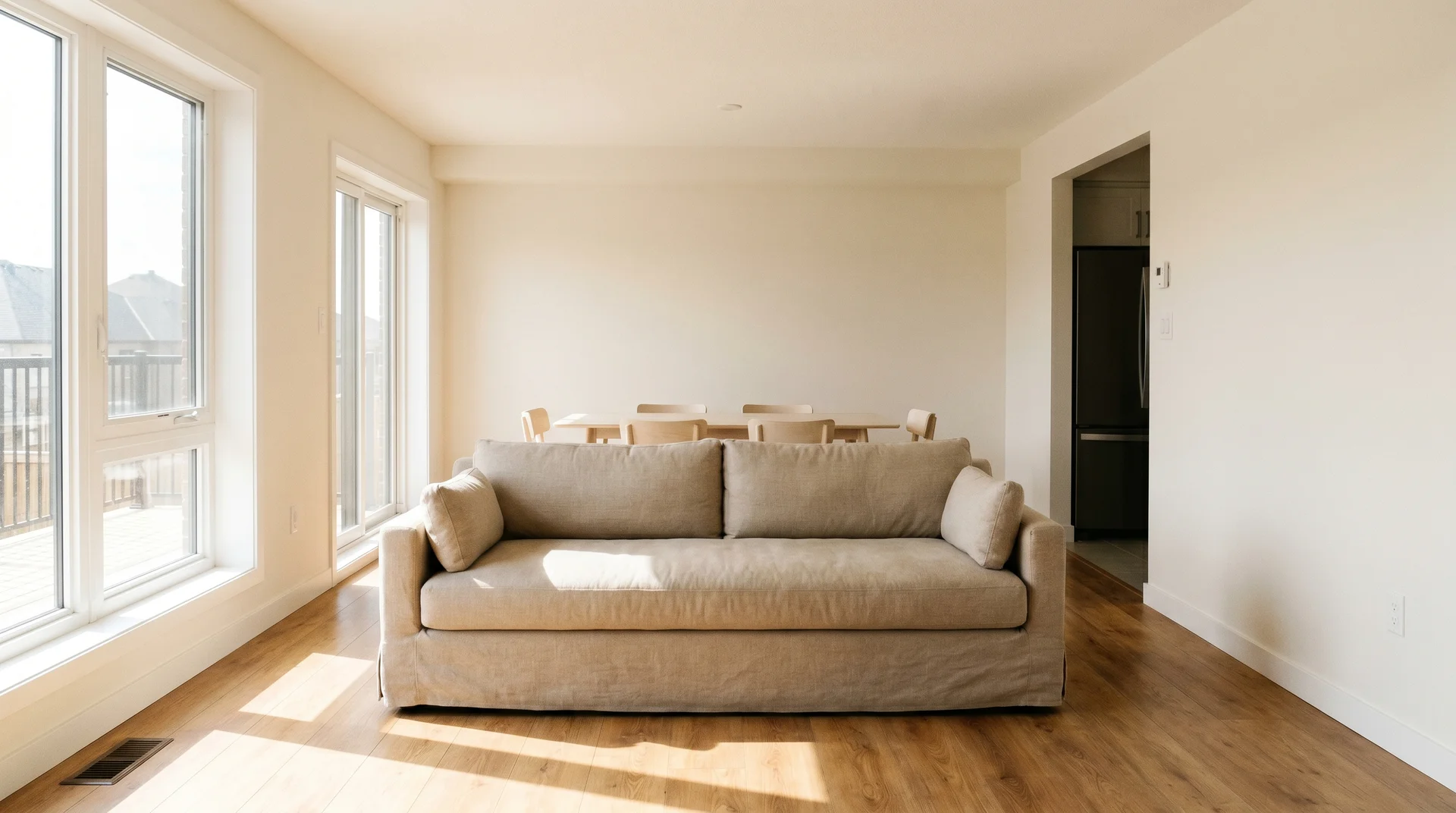 Open-plan living and dining room with Snowbound SW 7004 walls, warm oak floors, and linen sofa in south-facing natural light
