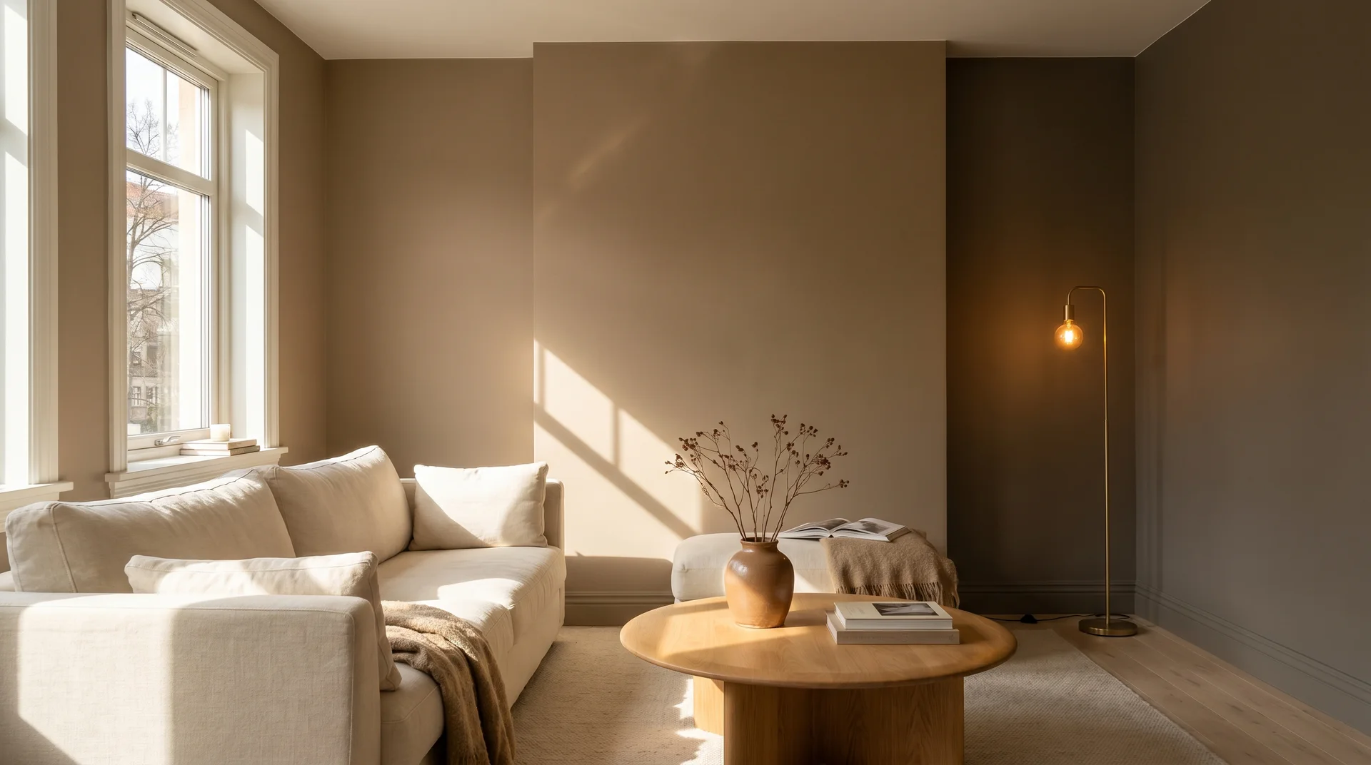 Open-plan living room in medium taupe showing color consistency across a naturally lit zone and a lamp-lit corner