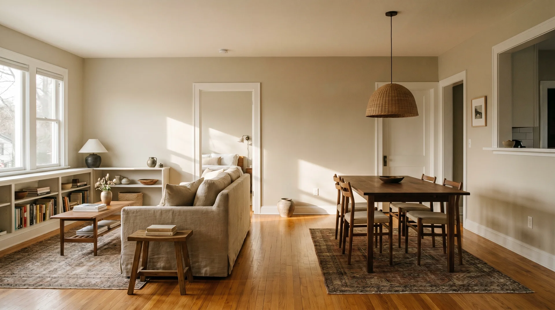 Open-plan living room with Pale Oak paint on walls, warm hardwood floors and linen furniture in afternoon light

