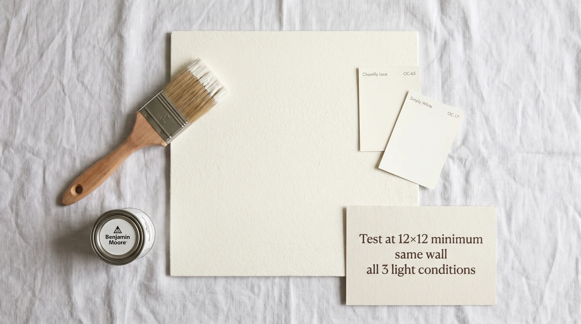 Paint sampling flat-lay showing Chantilly Lace OC-65 large wall sample with comparison chips, paintbrush, and sampling guidance note