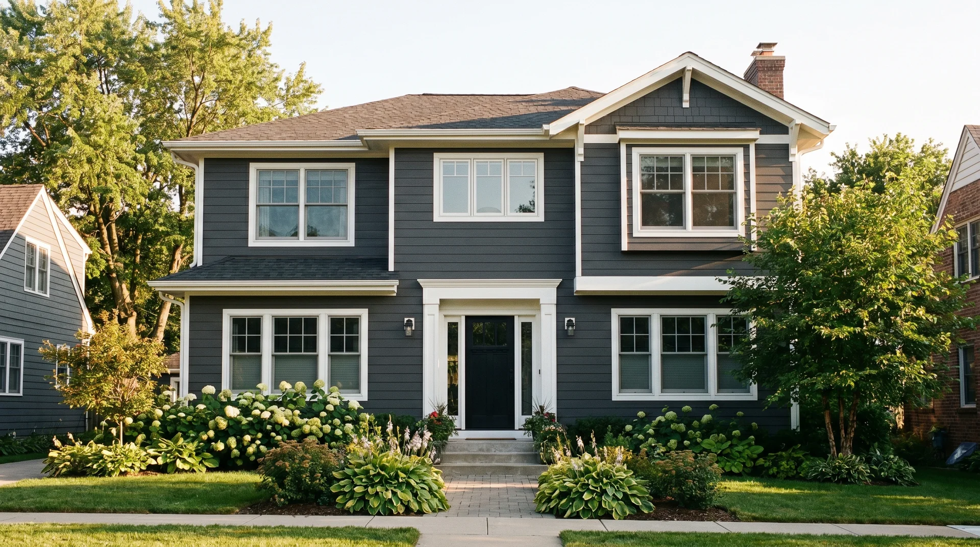 Peppercorn SW 7674 exterior paint on a craftsman home with white trim in direct afternoon sunlight