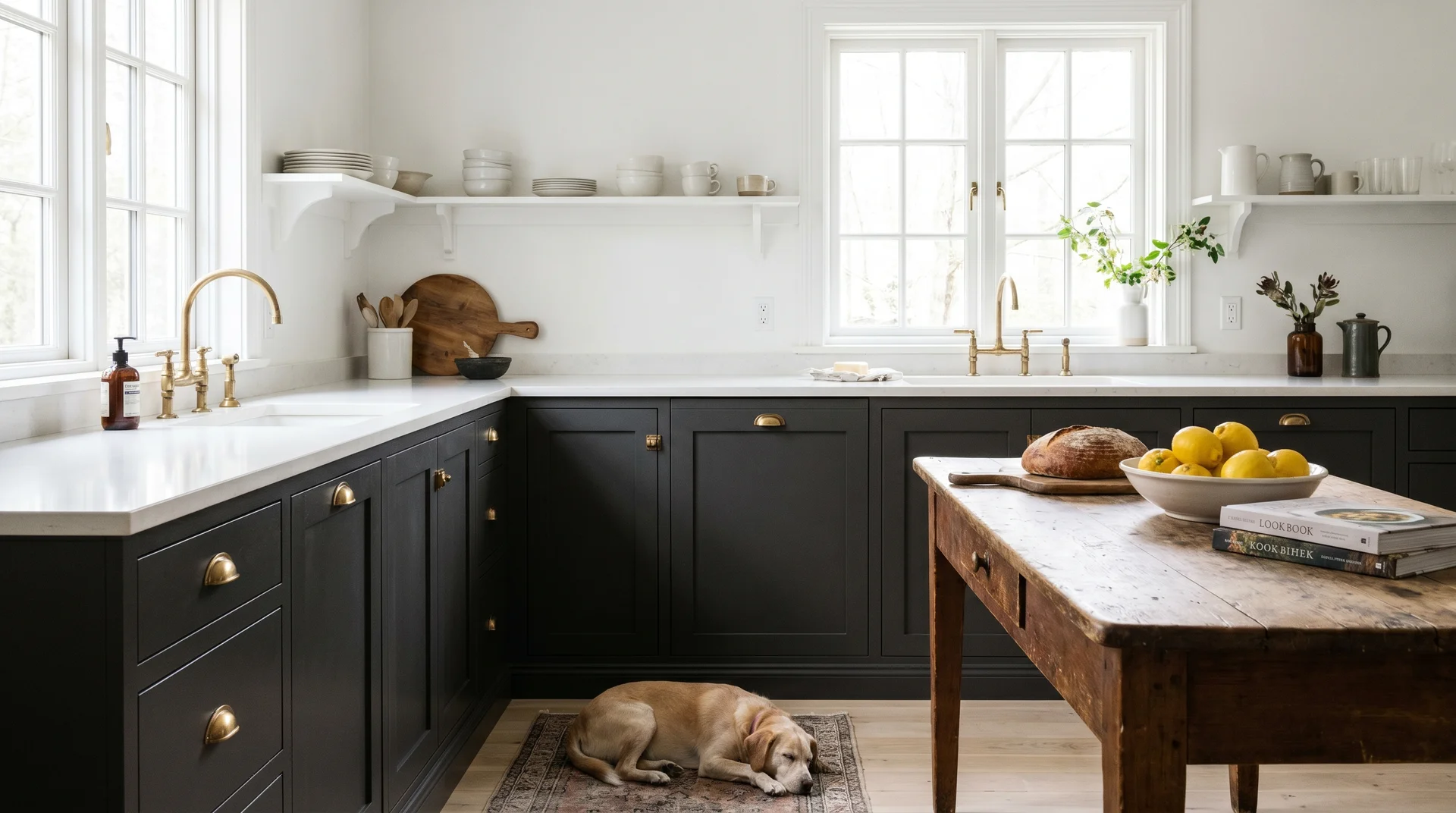 Peppercorn SW 7674 on lower kitchen cabinets with white countertops and brass hardware in natural light