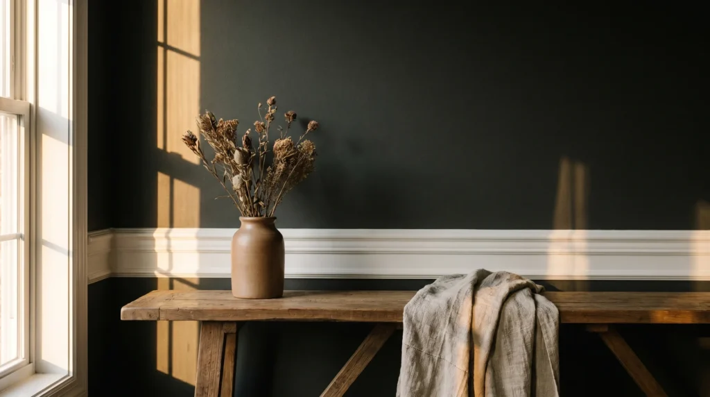 Peppercorn SW 7674 painted accent wall in a styled living room with warm oak furniture and crisp white trim