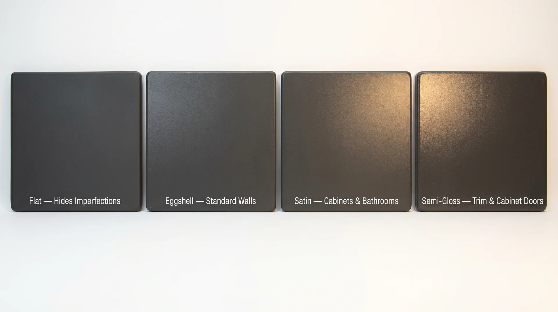 Peppercorn SW 7674 shown in flat, eggshell, satin, and semi-gloss finish side by side with sheen labelsYou said: Prompt 4