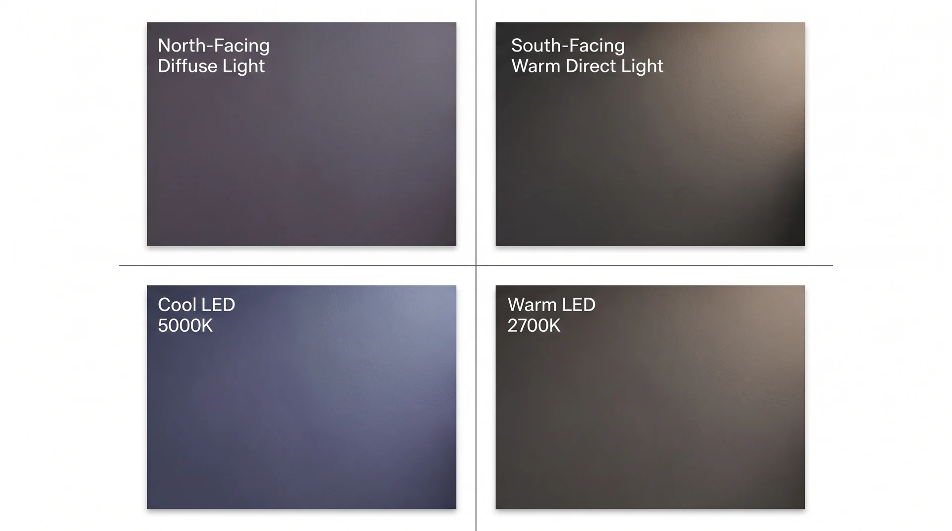 Peppercorn SW 7674 shown under four lighting conditions — north-facing, south-facing, cool LED, and warm LED