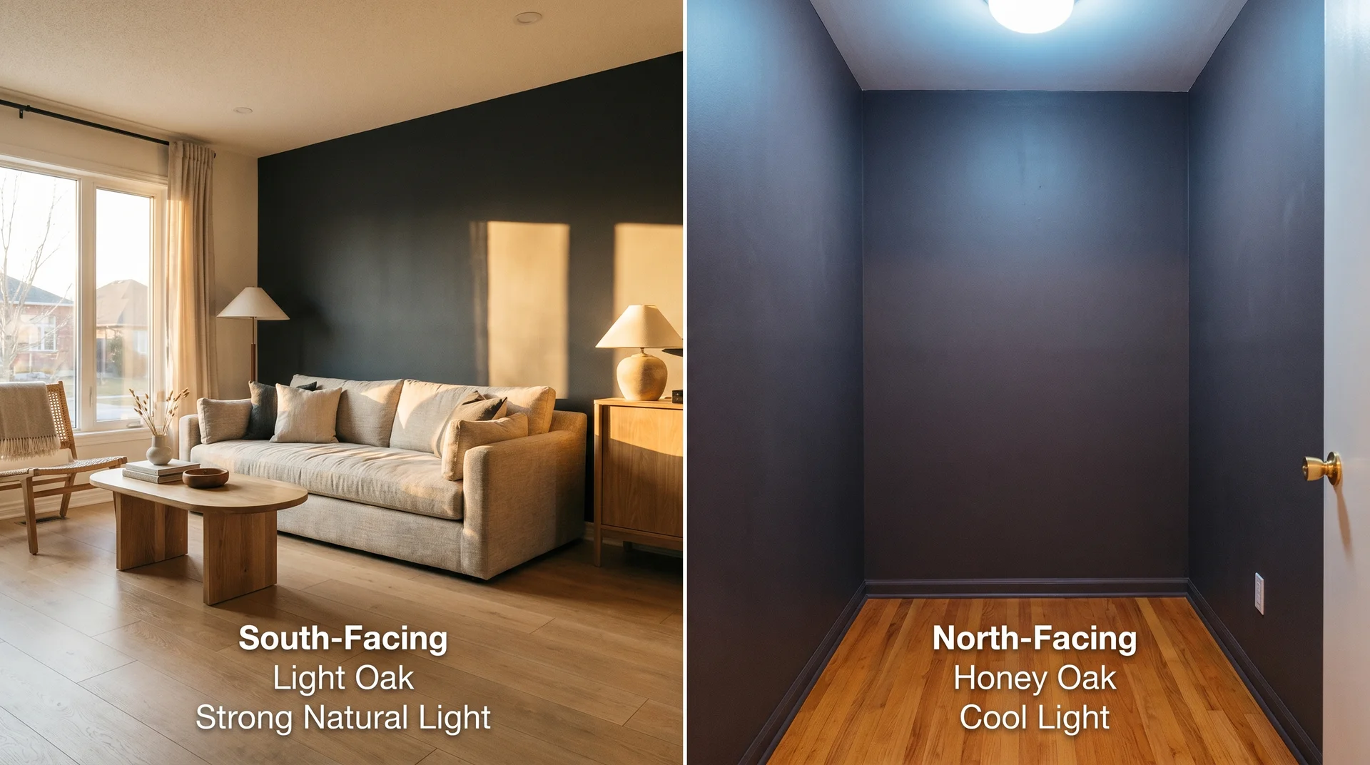 Peppercorn paint color compared in a well-lit south-facing room versus a dim north-facing room with honey oak floors
