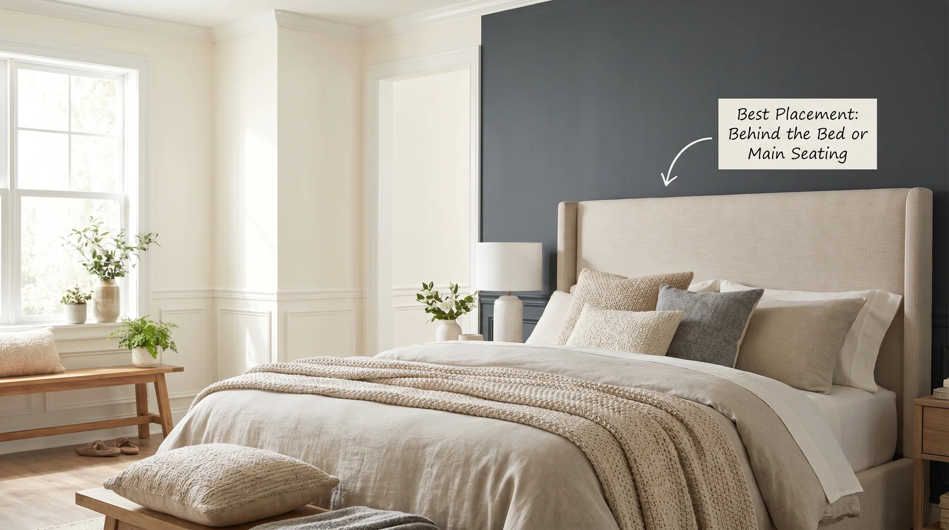Peppercorn walls with bright white trim compared to cream trim showing crisp versus muddy contrast.
