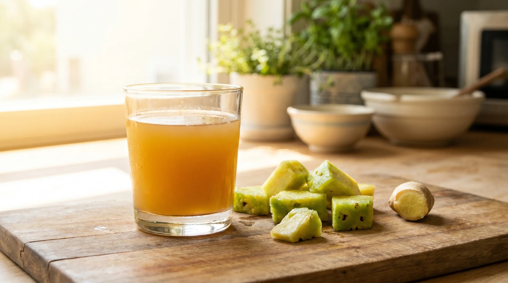 Pineapple ginger detox juice in a clear glass beside fresh pineapple chunks and a piece of ginger root