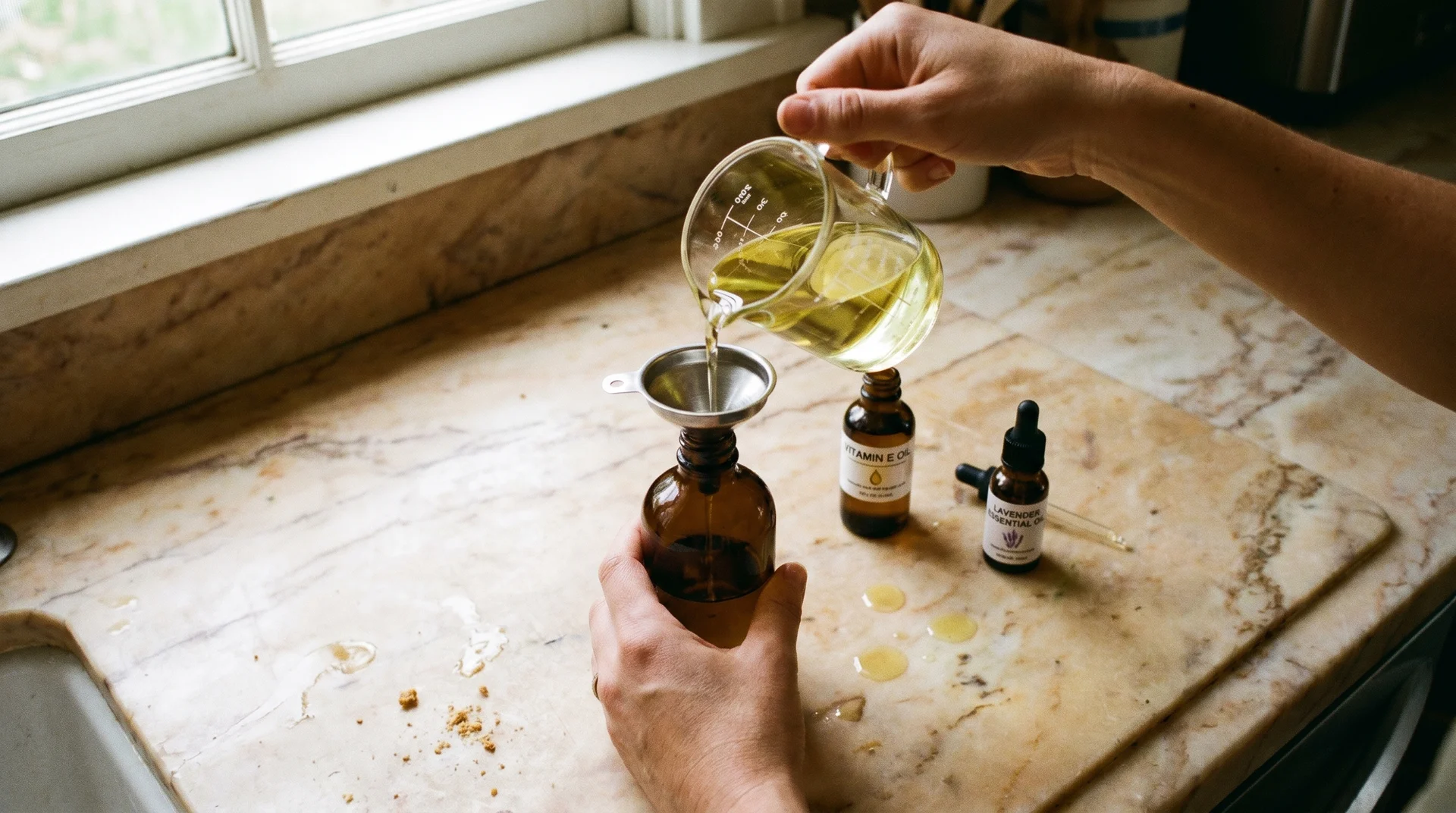 Pouring sweet almond oil into a dark glass bottle while making homemade tanning oil, with vitamin E and lavender nearby