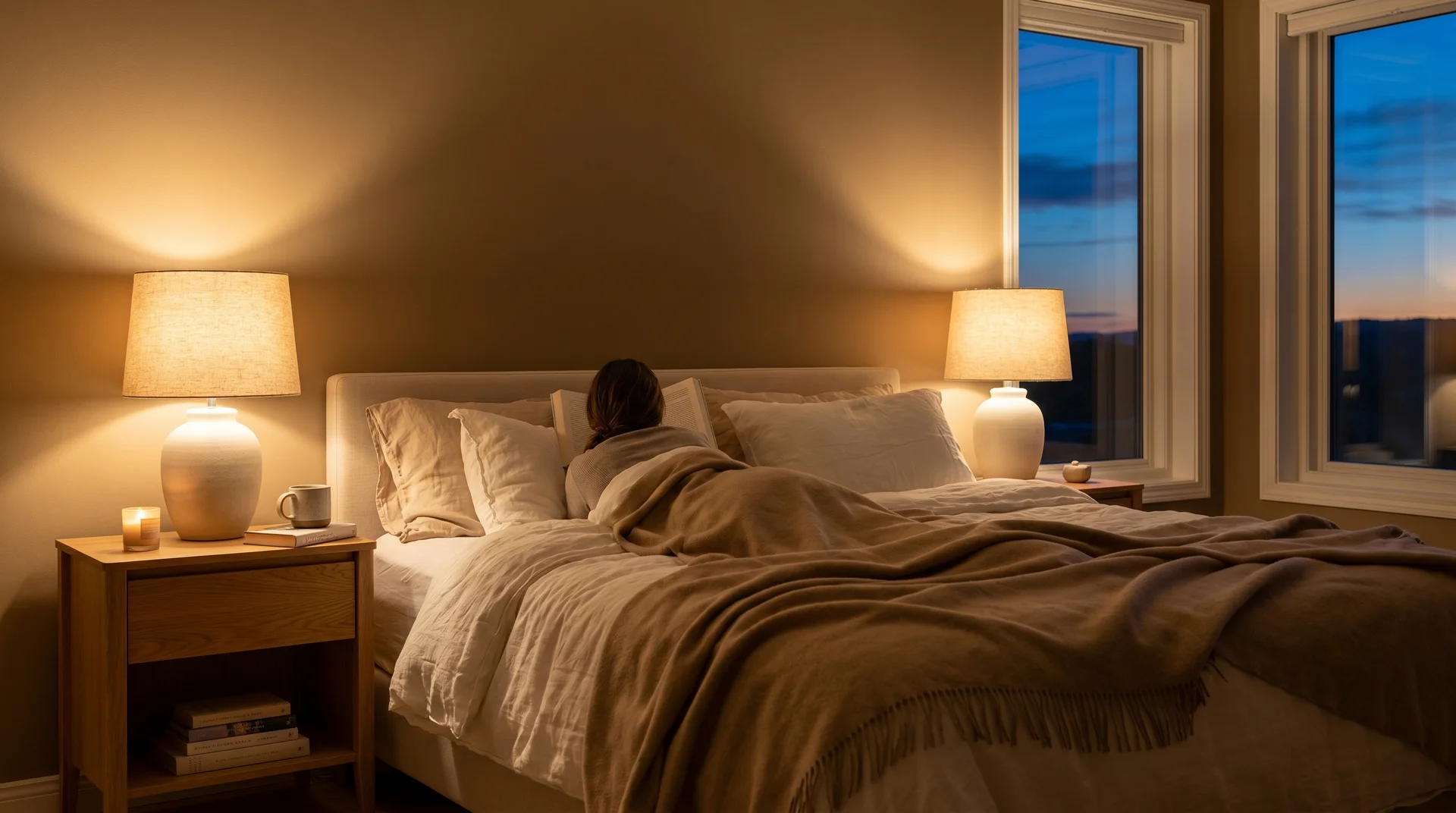 Primary bedroom with taupe walls photographed under warm evening lamp light showing the color's restful, cocooning quality
