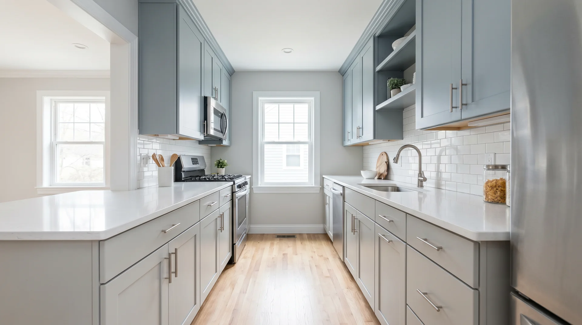 Reversed two tone kitchen with light gray lower cabinets and soft blue upper cabinets to make a small kitchen feel wider 