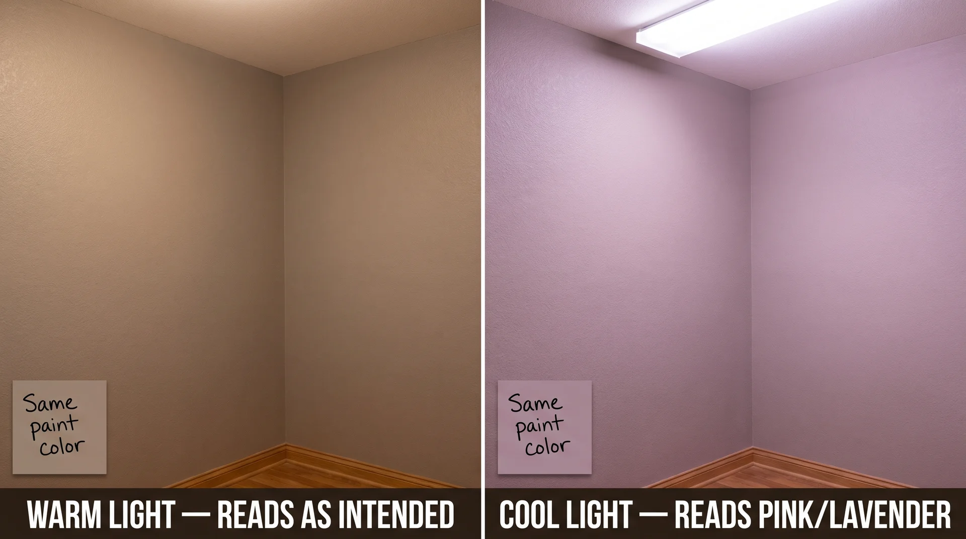 Same taupe paint color photographed under warm and cool lighting showing the pink-lavender undertone shift that leads to paint regret