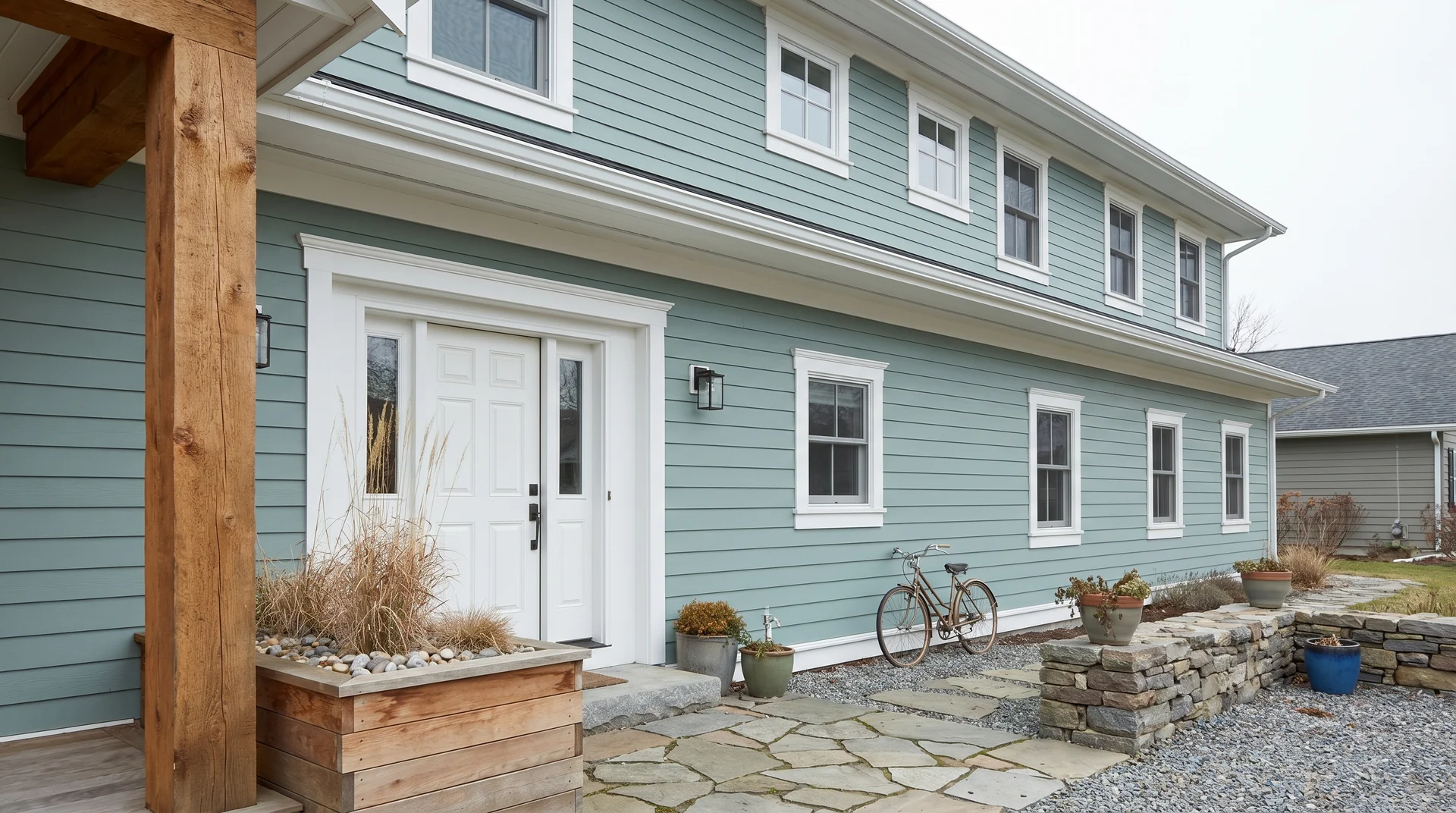 Sea salt exterior paint color on shaded north-facing siding with white trim and stone hardscape surroundings 