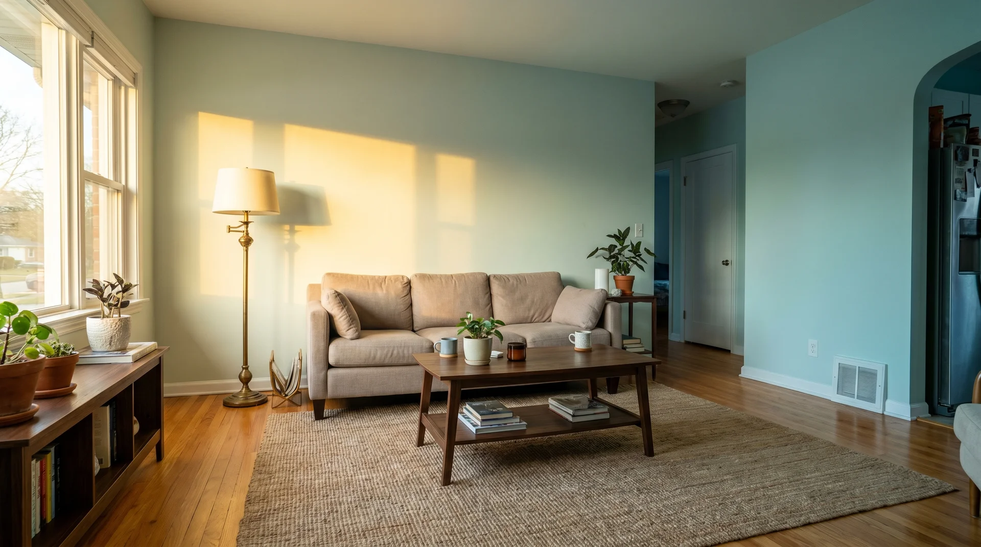 Sea salt paint color living room in late afternoon light showing warm and cool undertone shift across the same wall 