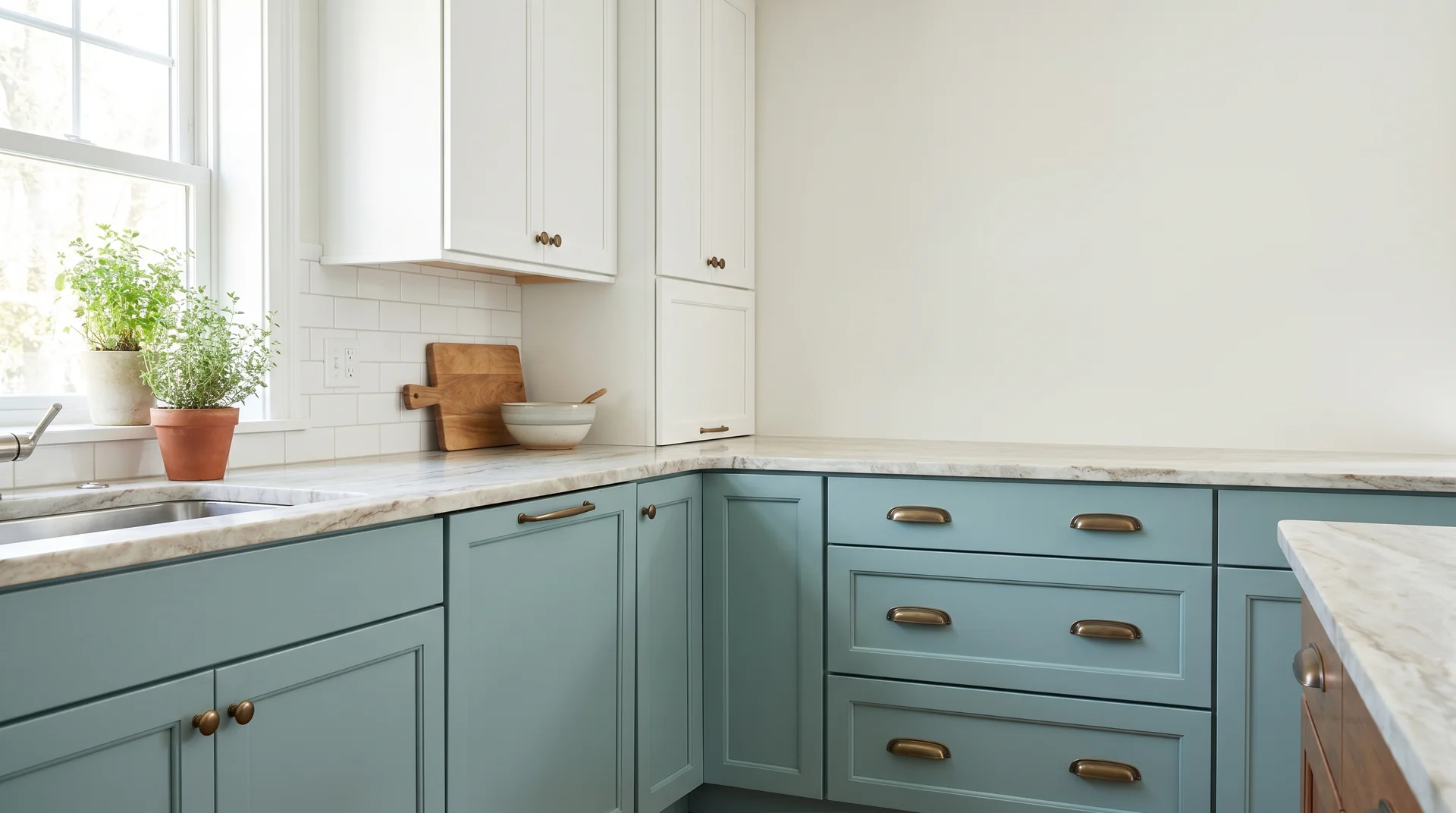 Sea salt paint color on lower kitchen cabinets with white upper cabinets and brass hardware showing the coastal two-tone approach