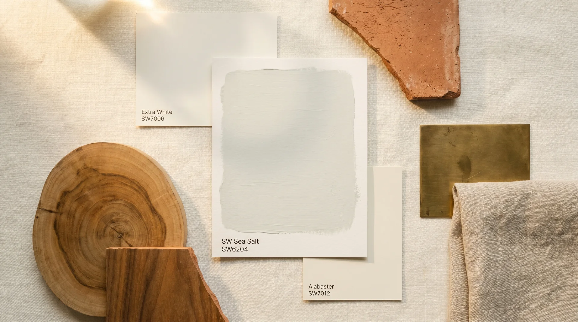 Sea salt paint color palette flat lay showing coordinating warm whites, walnut wood, terracotta, and aged brass