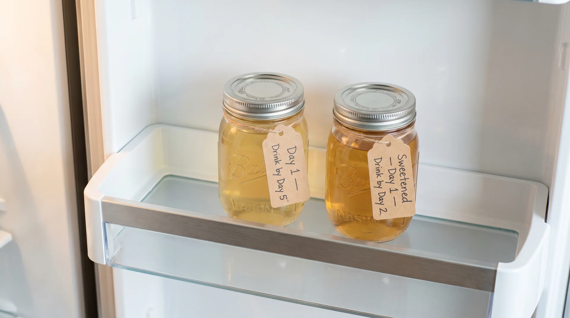 Sealed glass jars of cold-brewed green tea labeled with storage dates in a refrigerator
