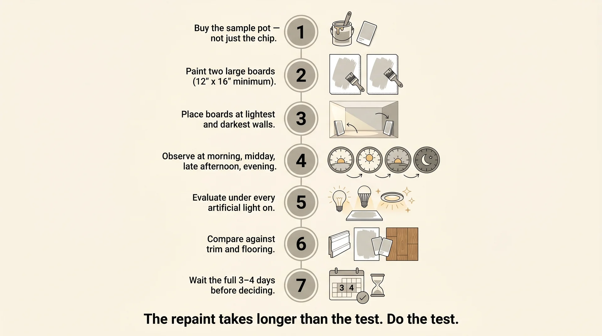 Seven-step paint sampling process diagram for testing Agreeable Gray in your home before committing 