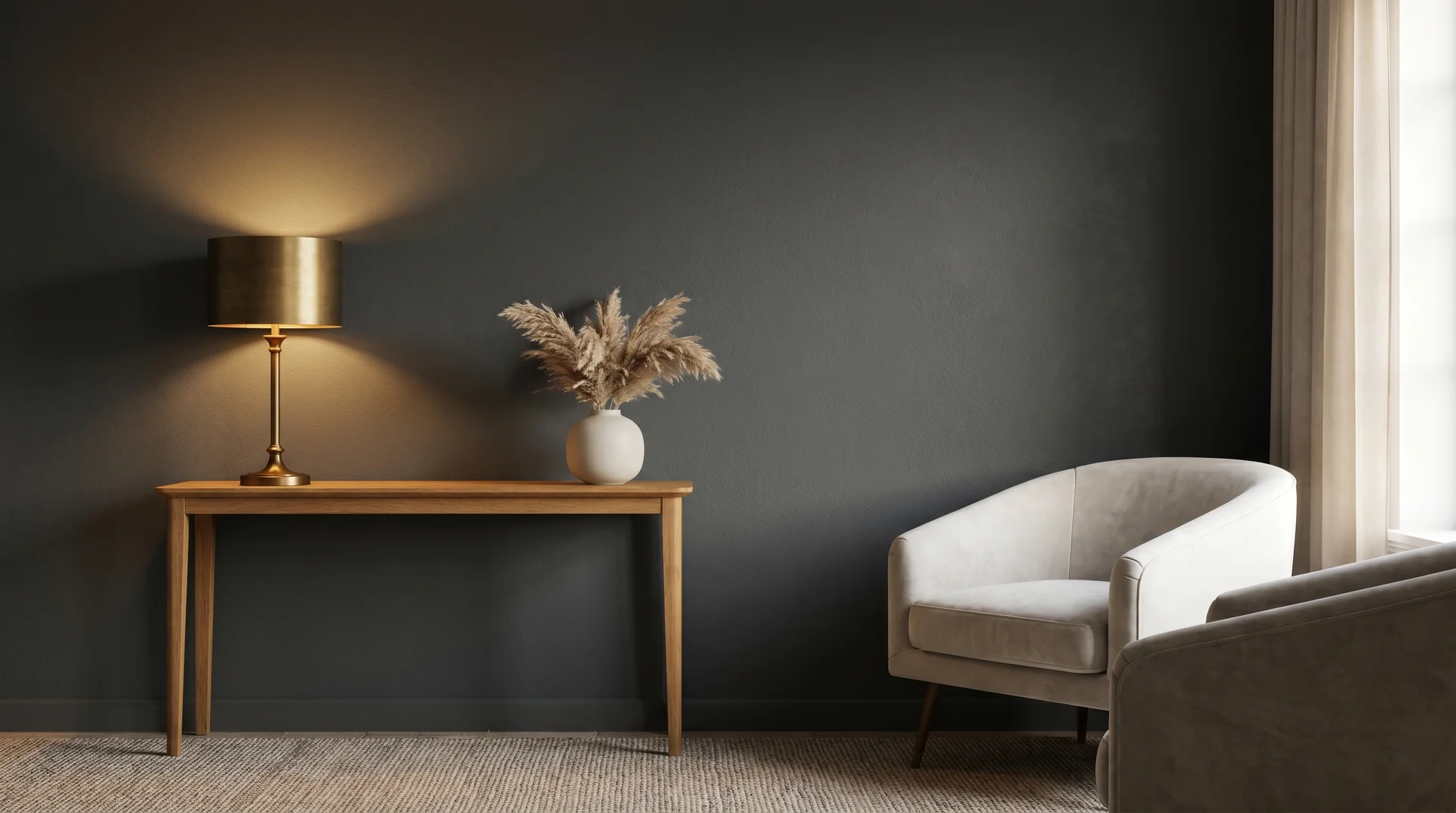 Sherwin Williams Iron Ore SW 7069 accent wall styled with warm oak console, brass lamp, and dried botanicals