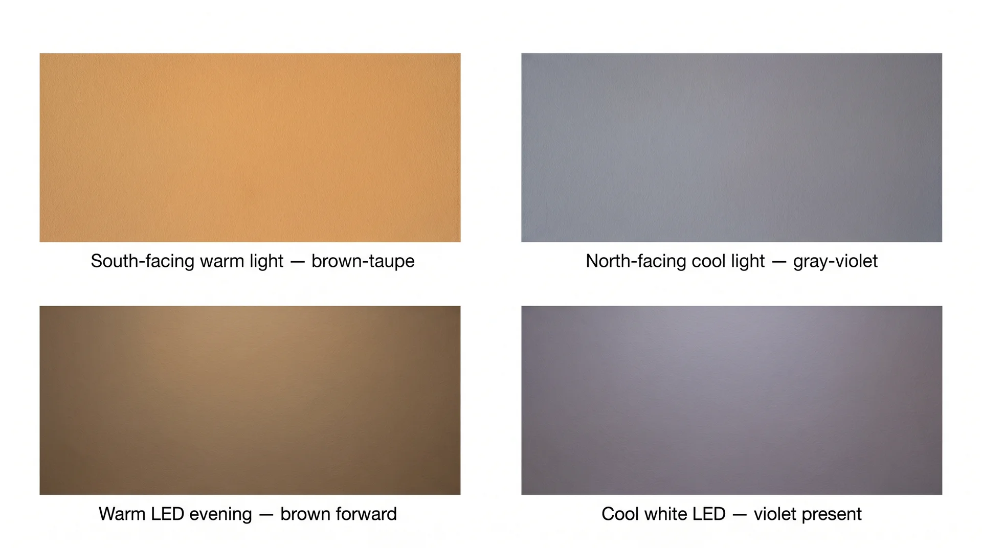 Sherwin-Williams Mink SW 6004 four swatches showing color shift under warm, cool, north-facing, and LED lighting conditions
