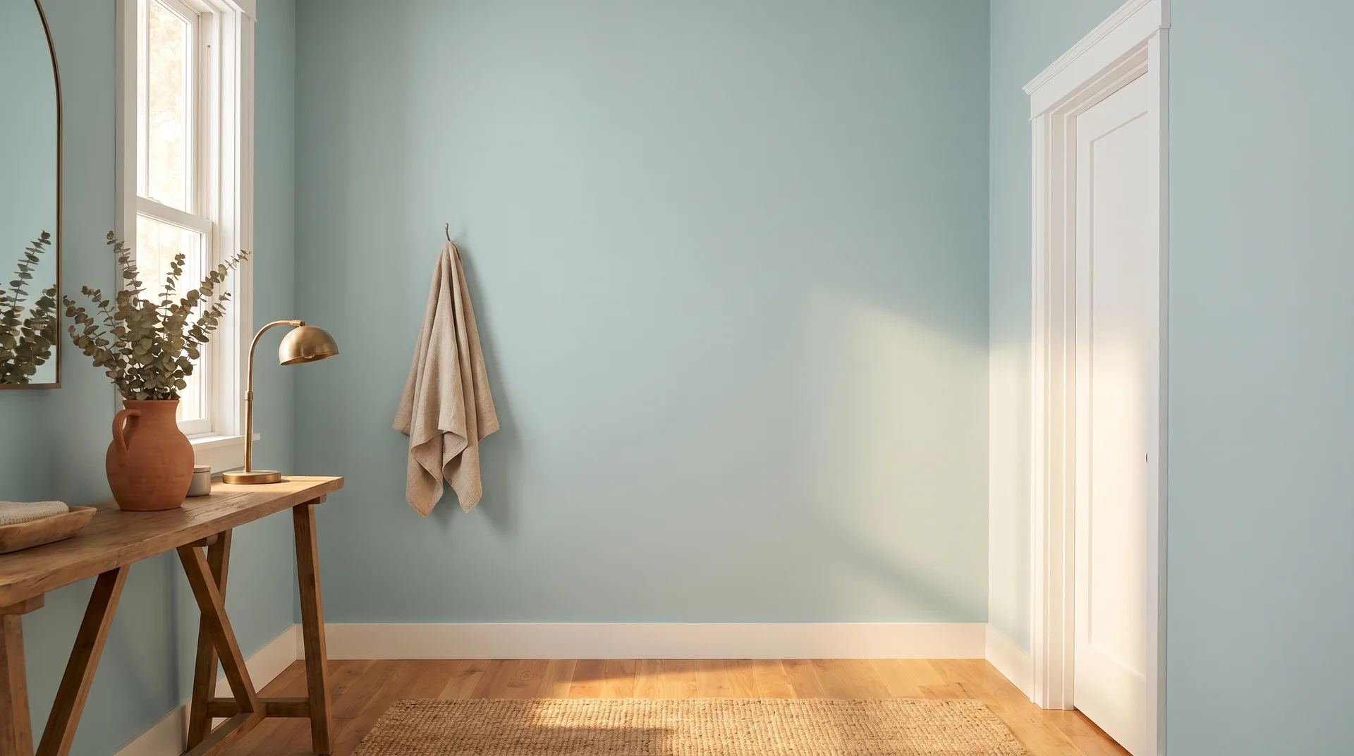 Sherwin-Williams Sea Salt SW6204 painted bathroom with white trim and warm wood accents in afternoon light