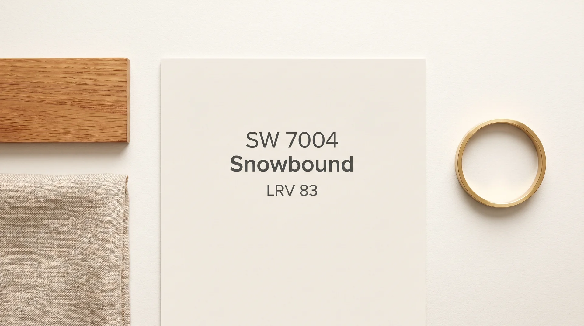 Sherwin Williams Snowbound SW 7004 paint swatch annotated with LRV 83, shown alongside oak wood and linen fabric samples