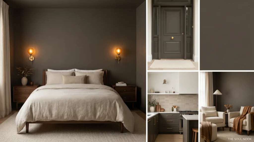 Sherwin-Williams Urbane Bronze in a cozy bedroom, front door, and kitchen design