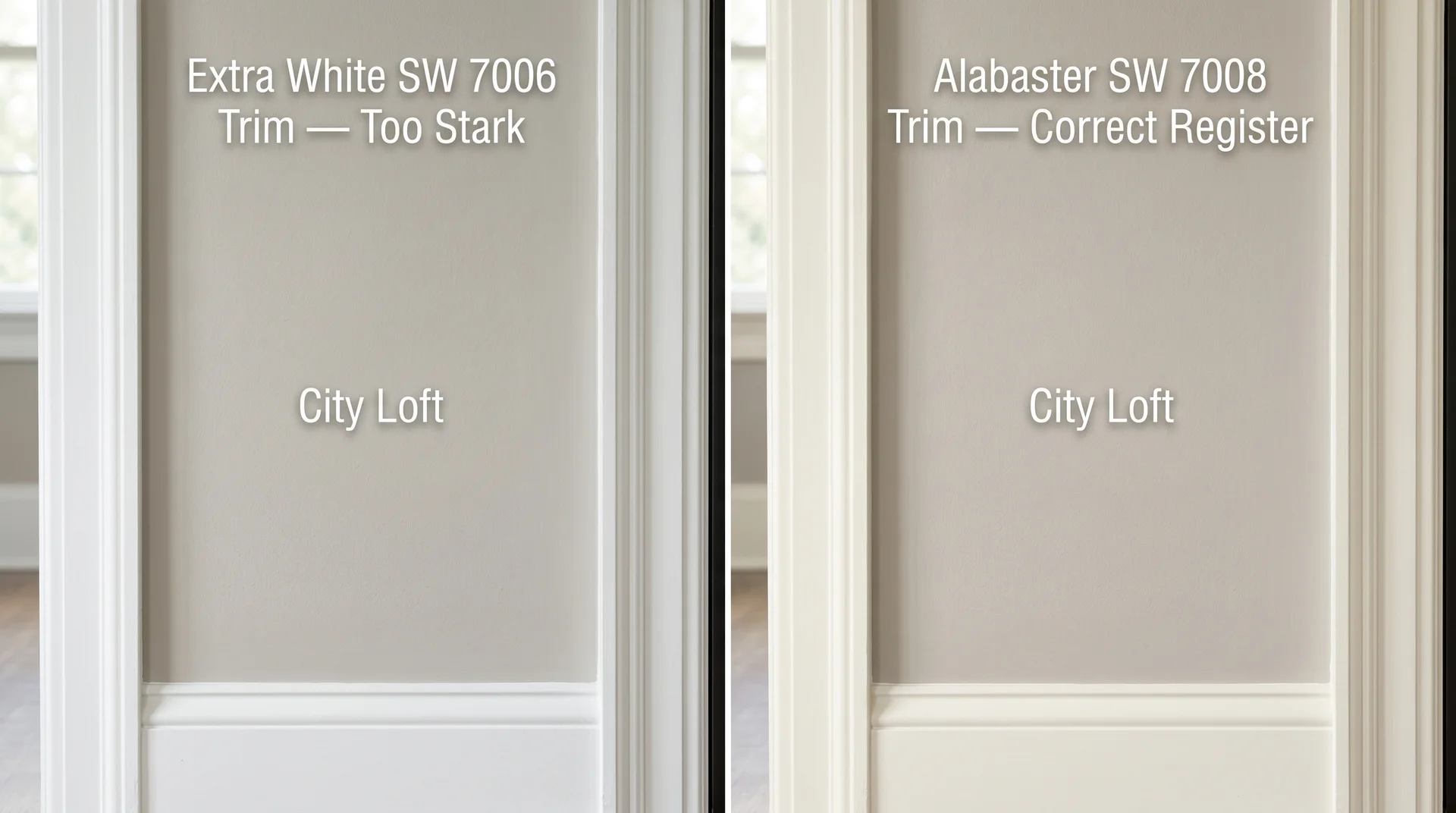 Side-by-side comparison of City Loft SW 7631 walls with Extra White trim versus Alabaster trim showing why warm off-white trim pairing works.