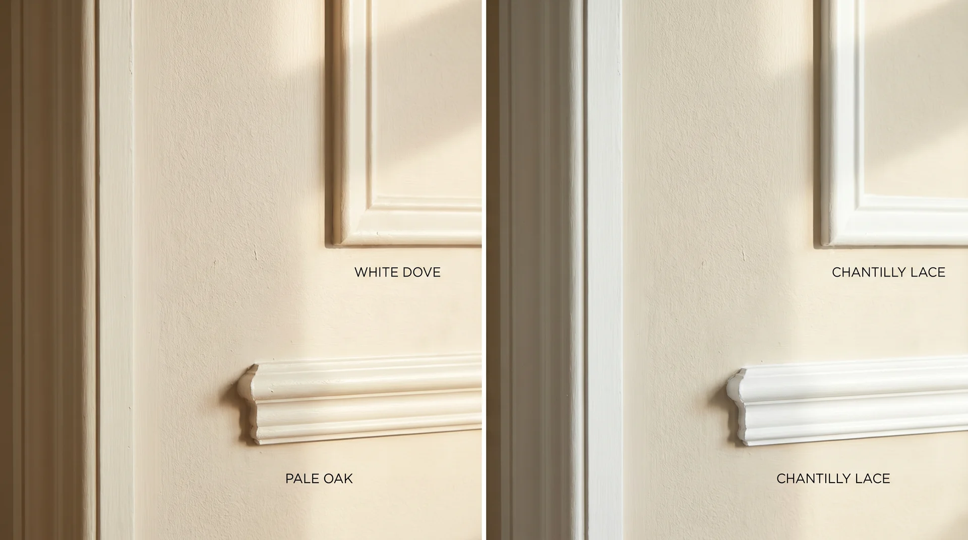 Side-by-side comparison of Pale Oak walls with White Dove trim versus Chantilly Lace trim showing contrast difference
