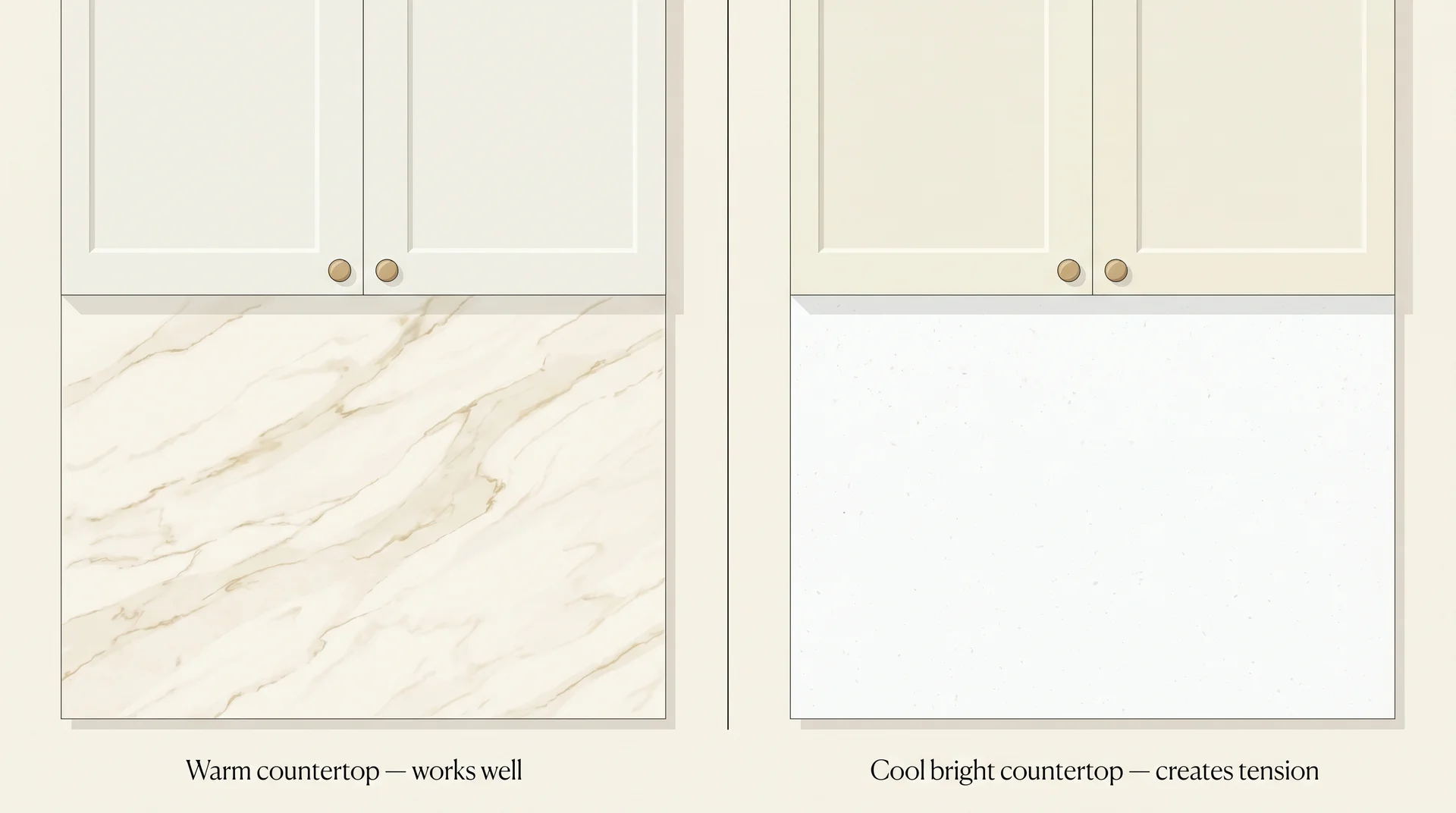 Side-by-side comparison of White Dove cabinets with warm-toned countertop versus cool bright countertop showing undertone contrast