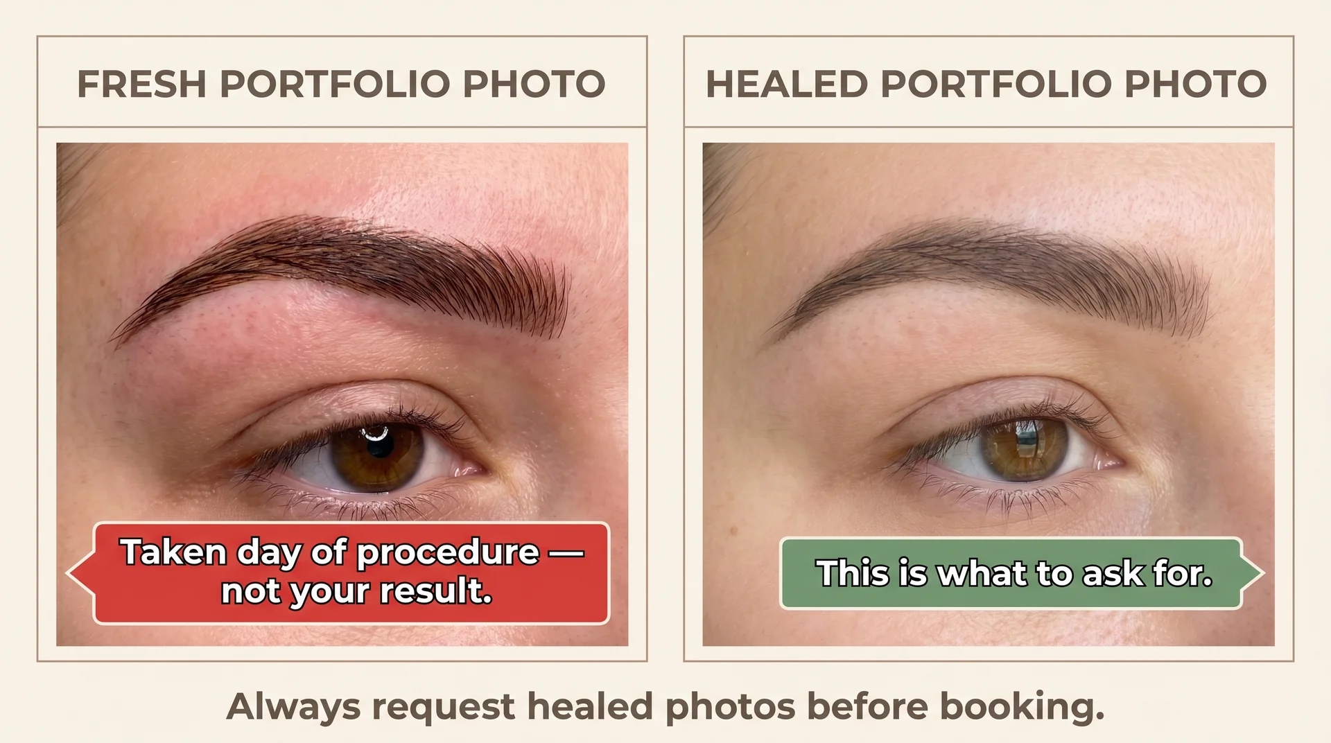 Side-by-side comparison of fresh ombre powder brow portfolio photo versus healed result at six weeks, with labels explaining what to request