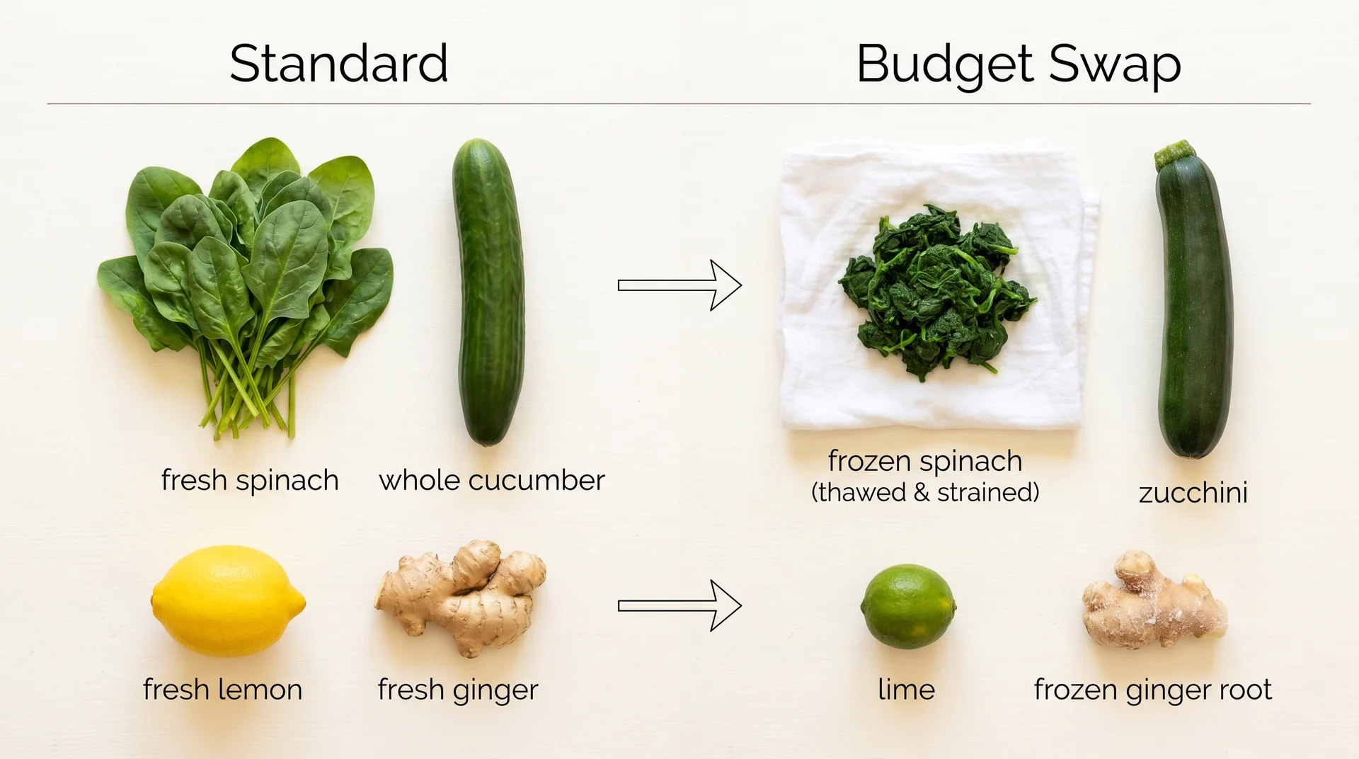 Side-by-side comparison of standard green juice ingredients versus budget-friendly substitutes including frozen spinach and zucchini