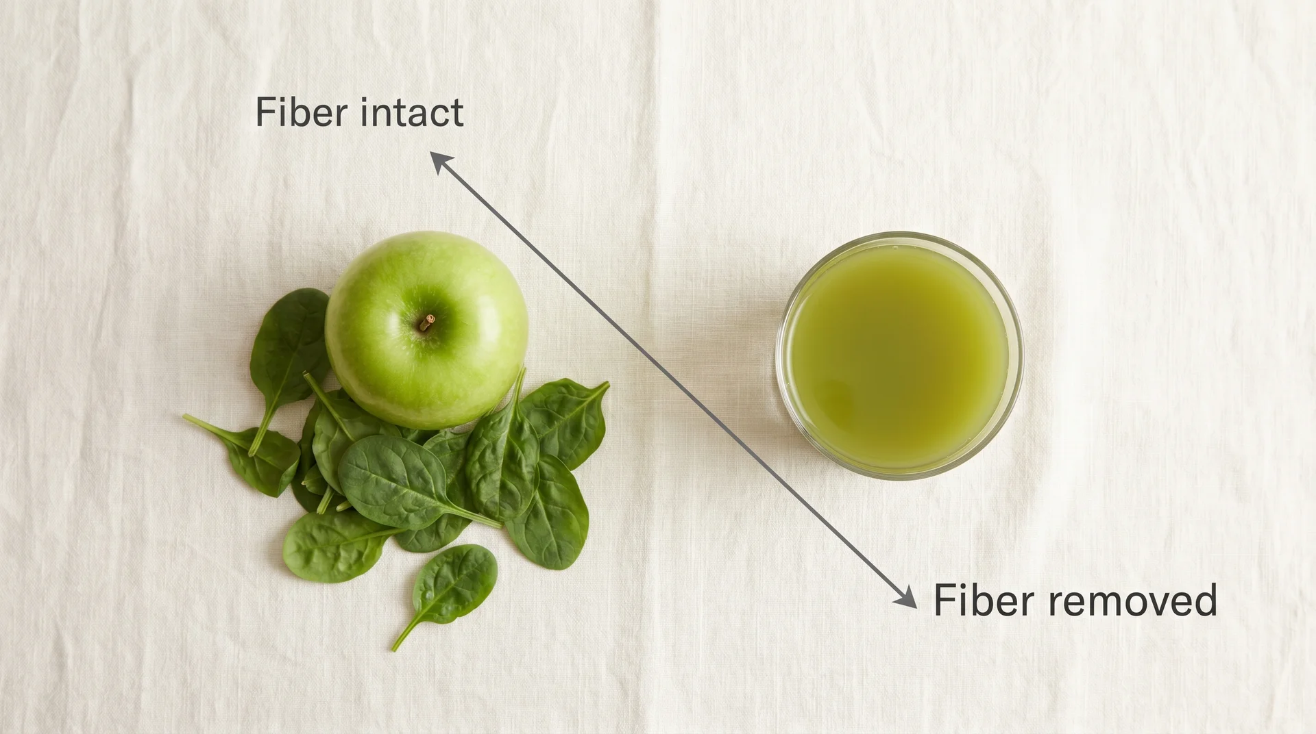 Side-by-side comparison of whole apple and spinach versus green juice showing fiber removed in the juicing process
