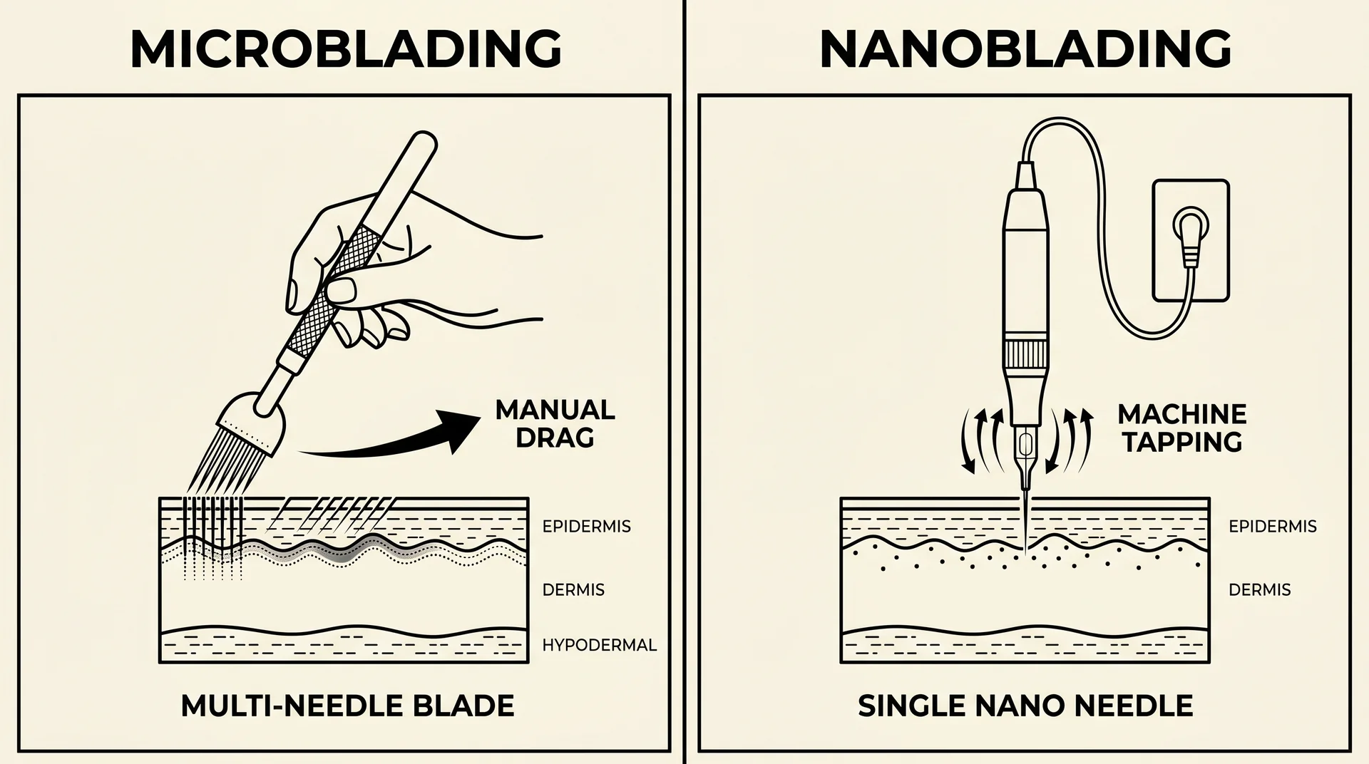 Side-by-side diagram comparing microblading multi-needle blade versus nanoblading single PMU machine needle