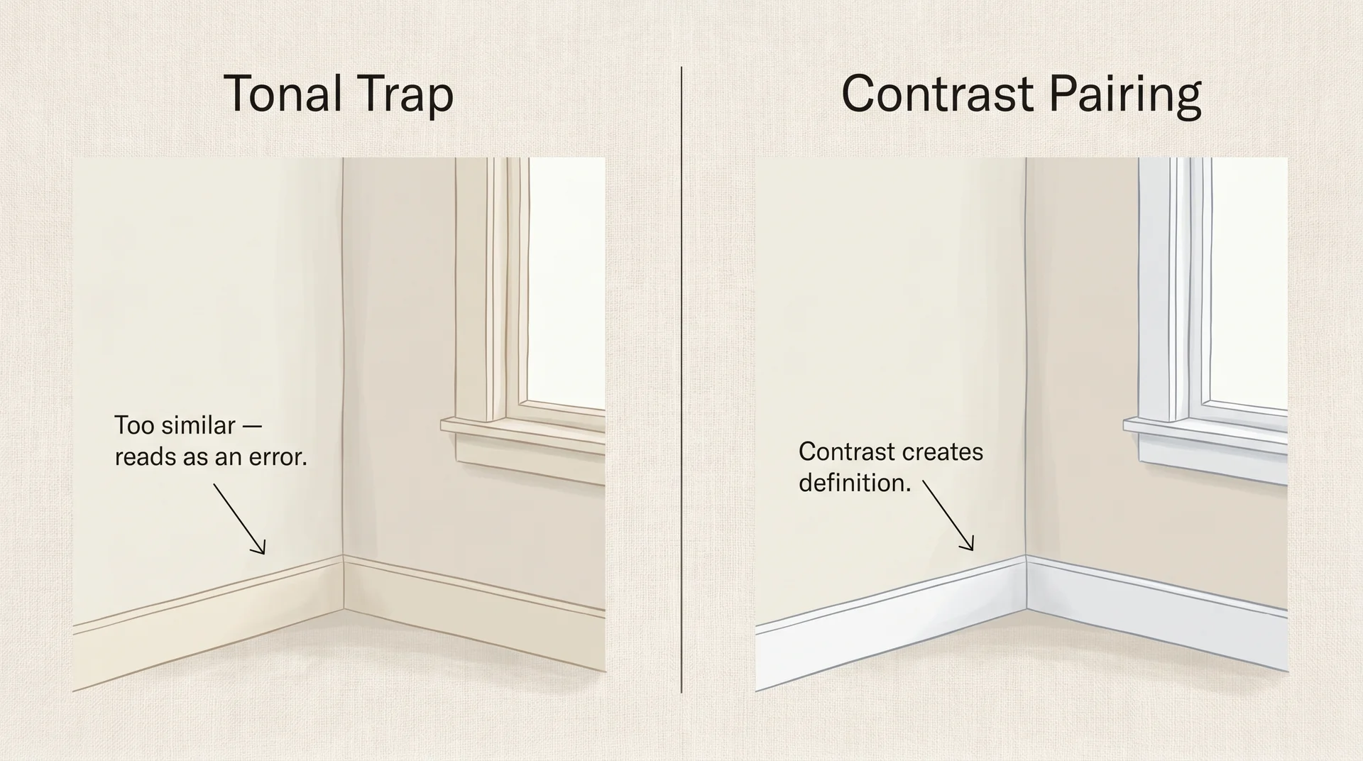 Side-by-side diagram comparing tonal trap of matching off white wall and trim versus contrast pairing with brighter white trim