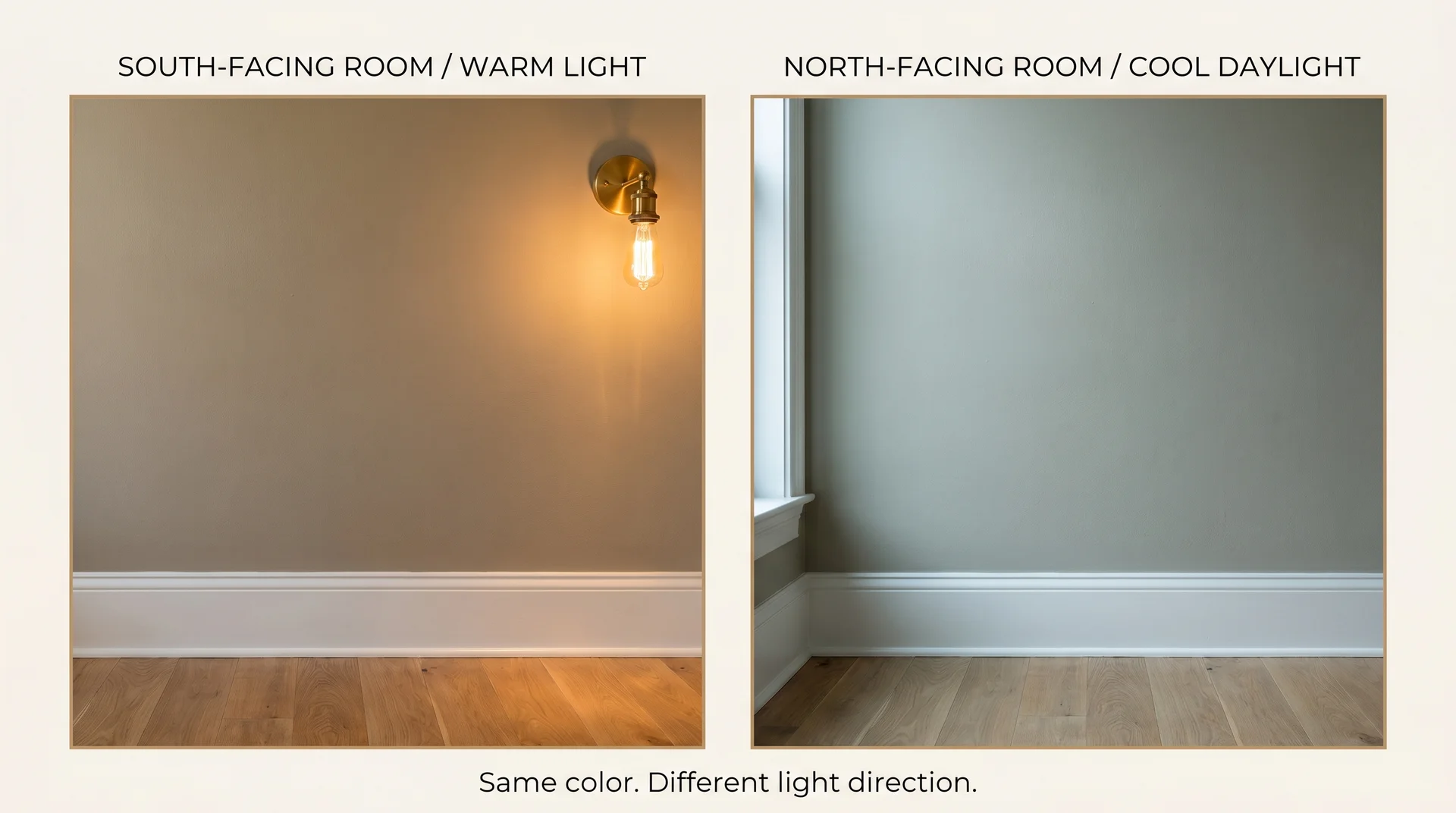 Side-by-side diagram showing Revere Pewter reading as warm taupe in south-facing light versus gray-green in north-facing cool light
