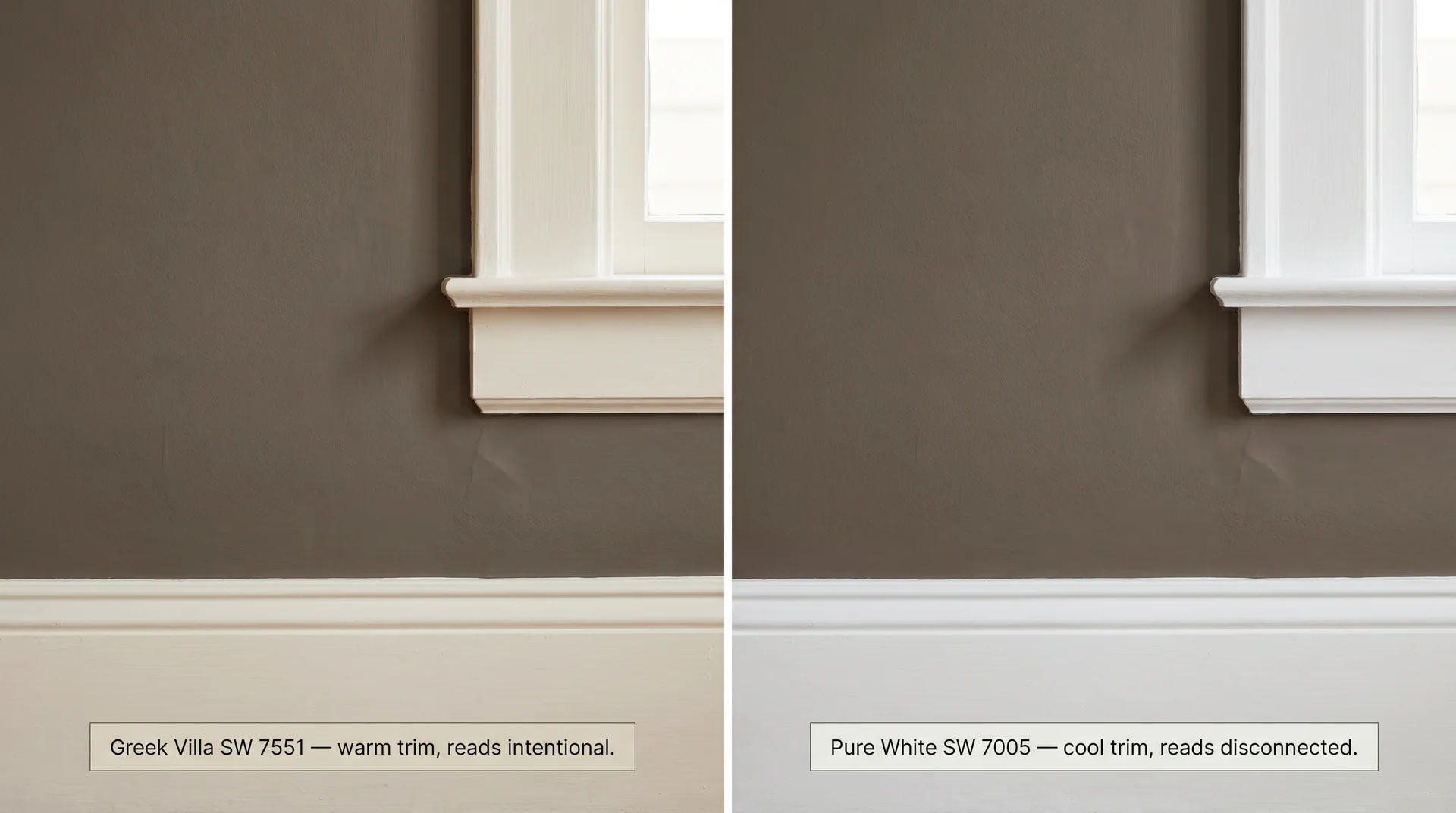 Side-by-side showing Mink SW 6004 walls with Greek Villa warm trim versus Pure White cool trim and how each reads 