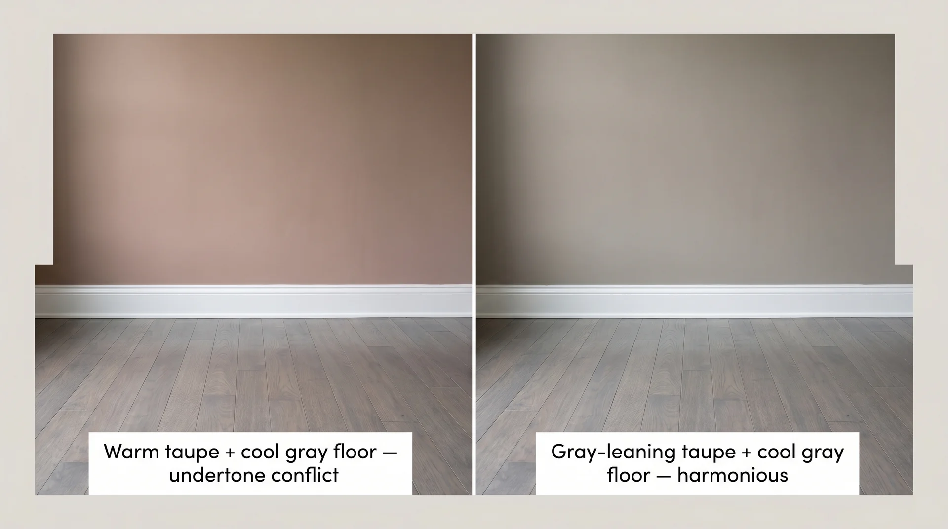 Side-by-side showing warm taupe versus gray-leaning taupe against cool gray hardwood floors illustrating undertone conflict and harmony