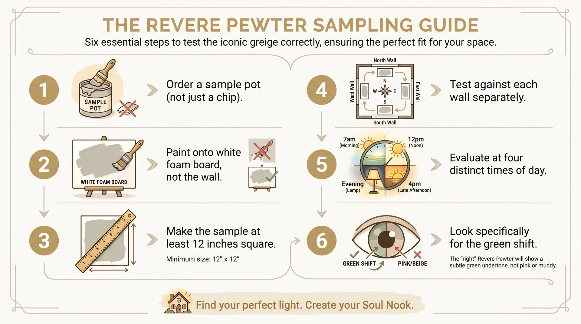 Six-step diagram for correctly sampling Revere Pewter paint before committing, from ordering a sample pot to evaluating for the green shiftYou said: next