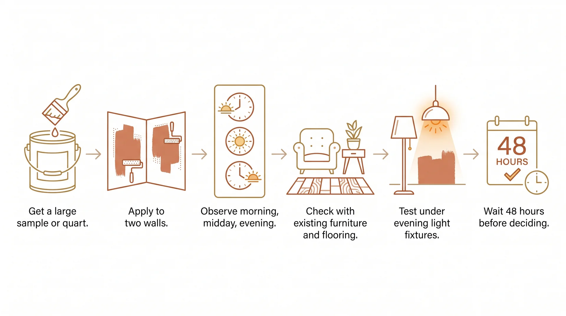 Six-step diagram for testing Snowbound paint color in your home before committing, from sampling to 48-hour evaluation.