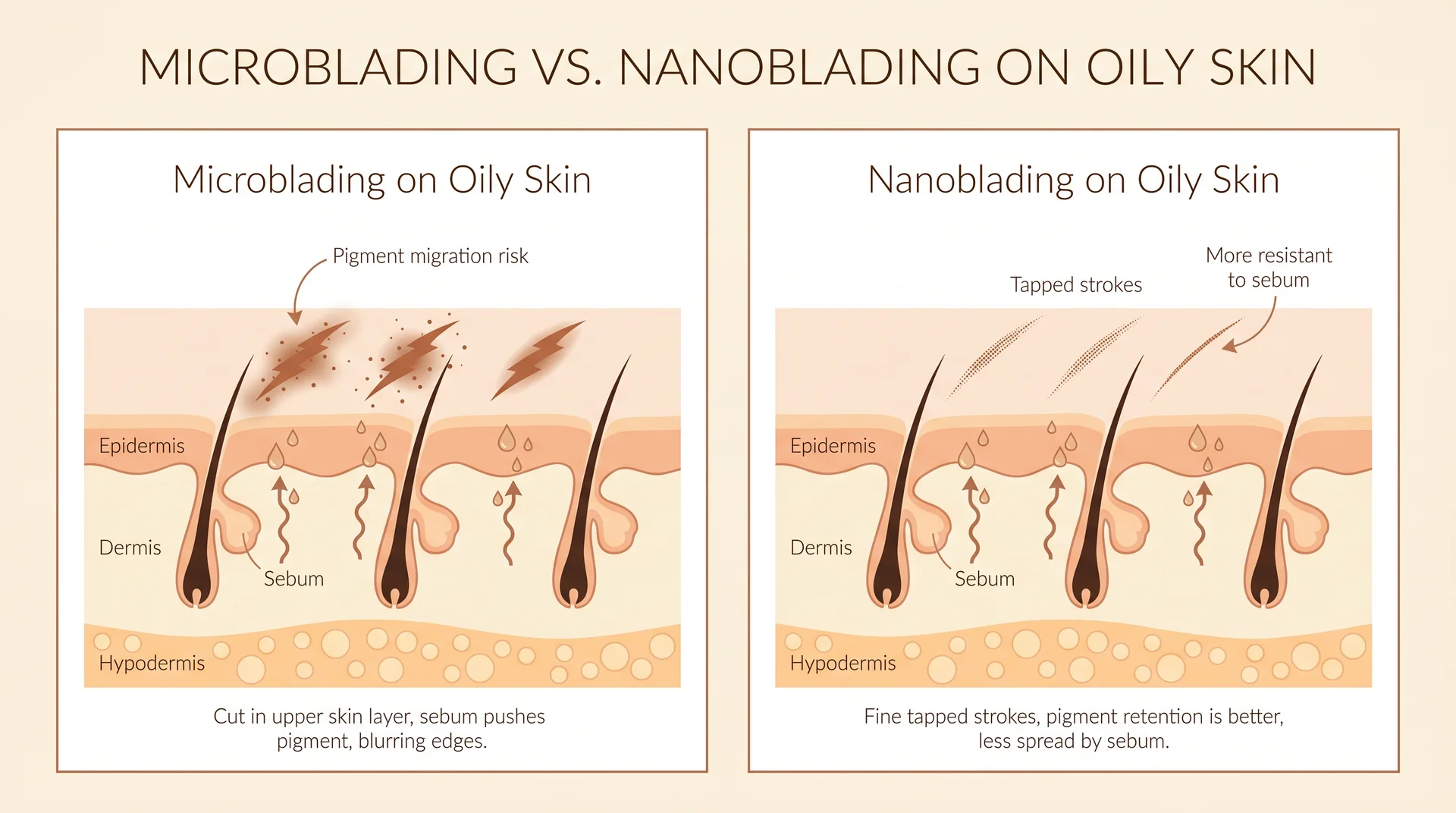 Skin diagram comparing how microblading strokes blur on oily skin versus nanoblading strokes resisting sebum migration