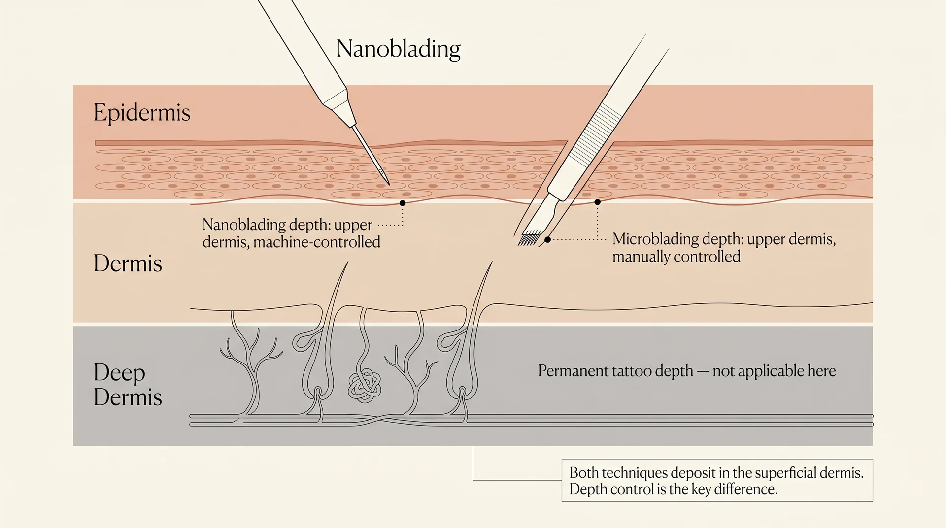 Skin layer diagram showing nanoblading machine-controlled depth versus microblading manual blade depth in the upper dermis