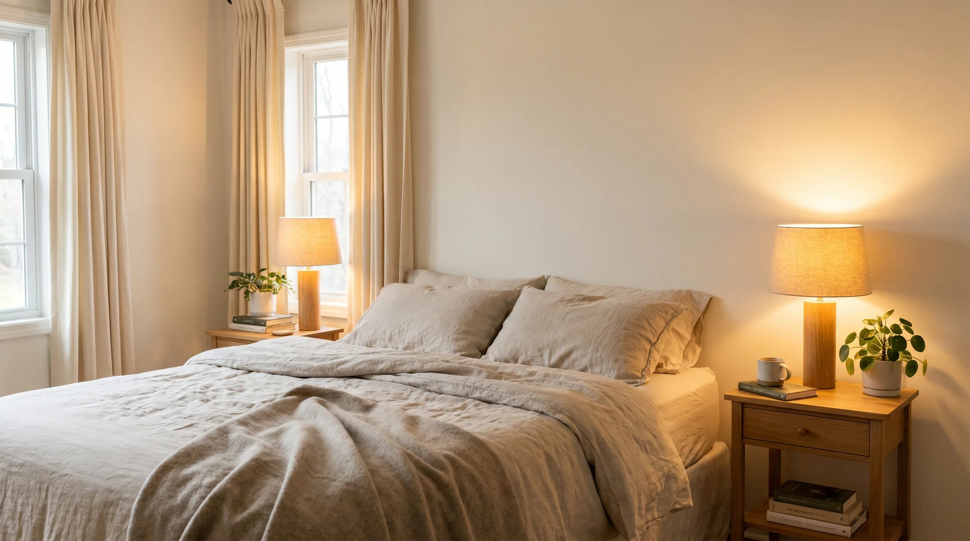 Snowbound SW 7004 bedroom with warm layered lamp lighting, linen bedding, and oak nightstand showing clean soft-white reading