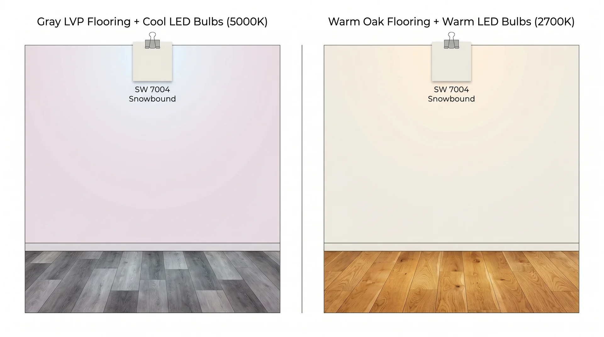 Snowbound SW 7004 side-by-side showing pink undertone under cool lighting and gray flooring versus clean white under warm lighting and oak flooring